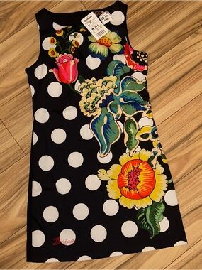 Desigual Black & White Polka Dot Floral Shift Dress